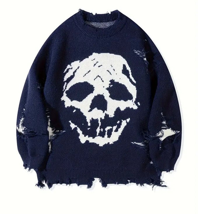 Unisex Skull Print Hip-Hop Distressed Sweater (Buy 2 Free Shipping)