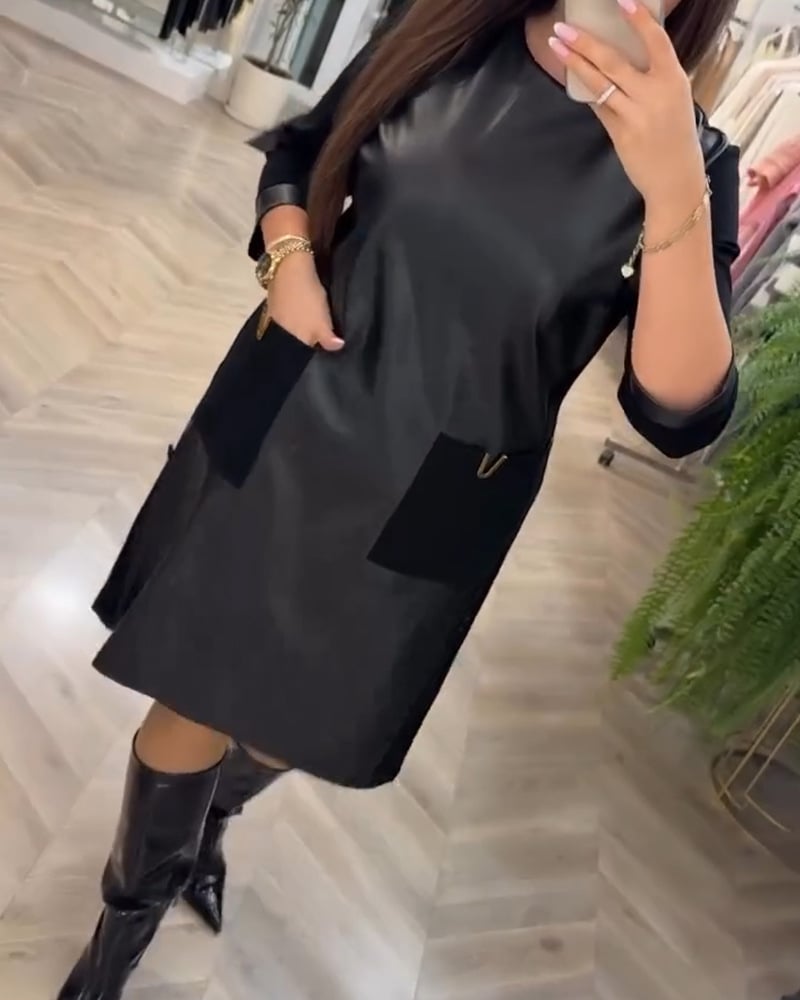 Round Neck Leather Patchwork Back Zipper Mid-Length Dress