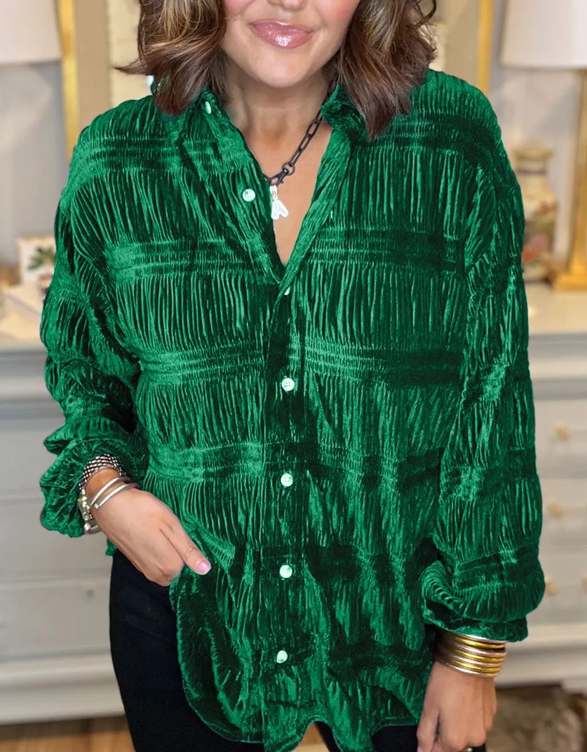 NEW WOMEN'S SHIRRED VELVET BUTTON DOWN TOP (BUY 2 FREE SHIPPING)
