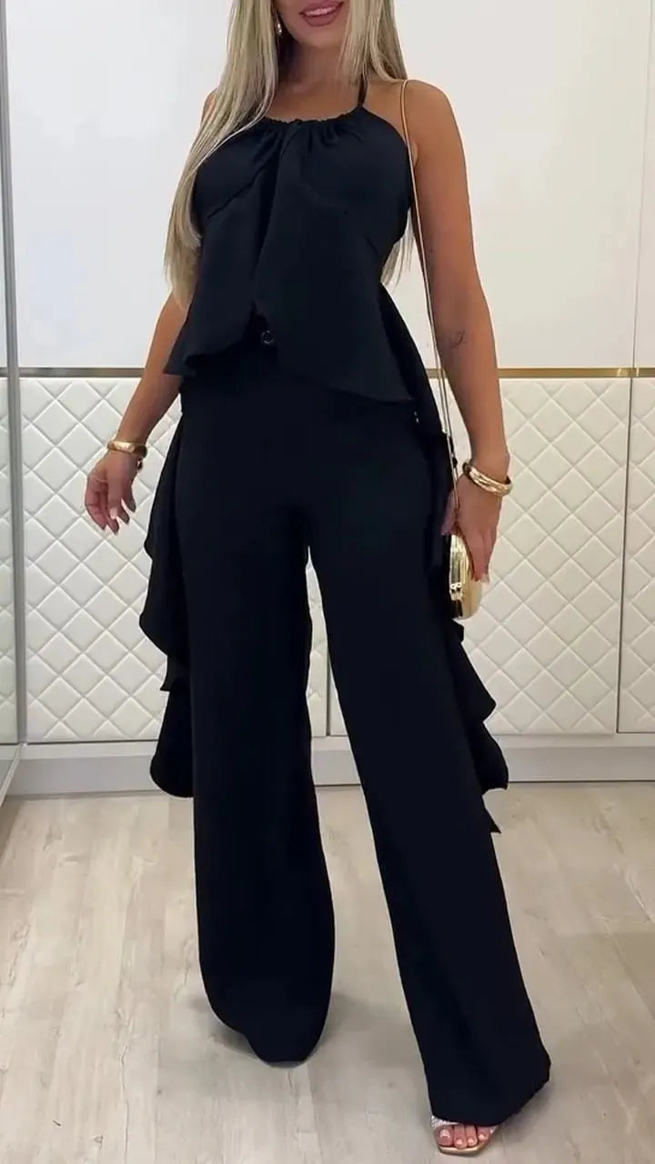 Solid-color sleeveless irregular halter top, casual trousers and fashionable set