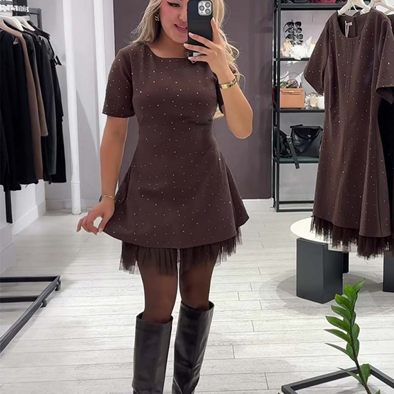 Women's Sparkly Lace Short Sleeve Mini Dress | Elegant and Sparkly