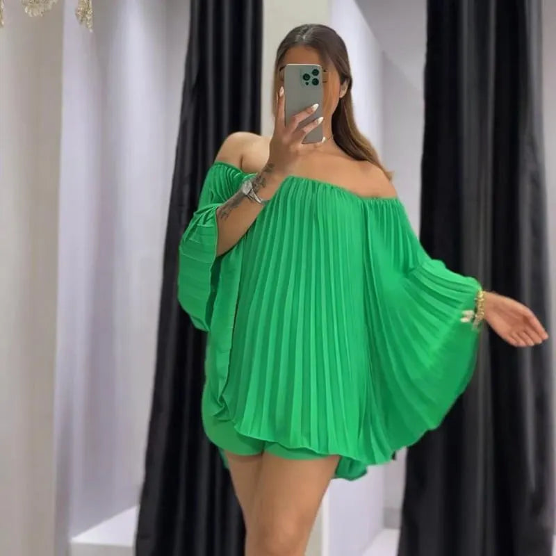 Casual Off-Shoulder Pleated Top and Shorts Set