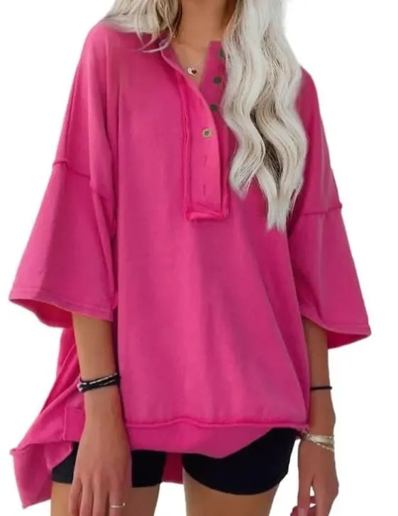 Oversized Casual Henley Summer Tops Tees (Buy 2 Free Shipping)