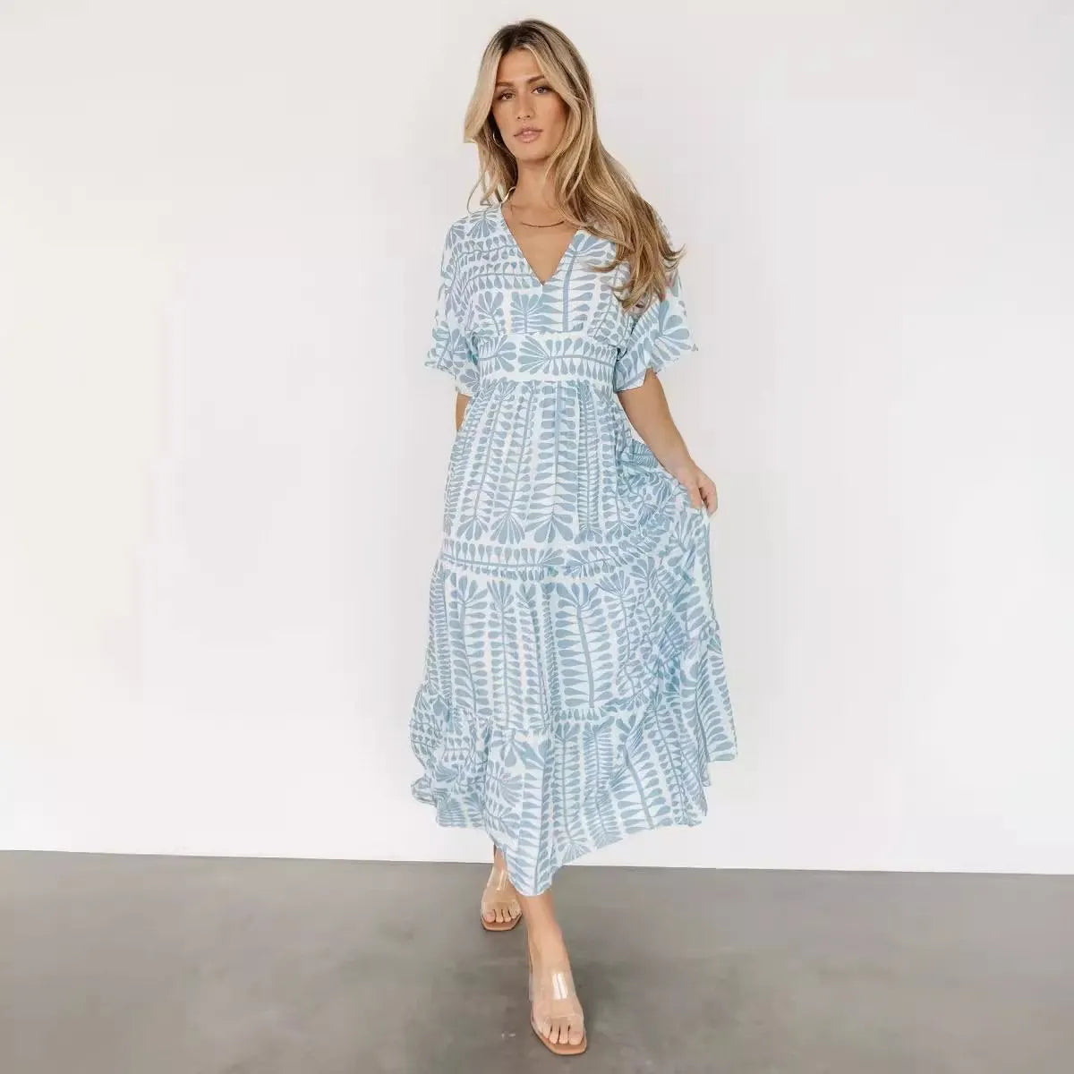 Bohemian Chic: New High-Waisted Short Sleeve Floral Dress(BUY 2 FREE SHIPPING)