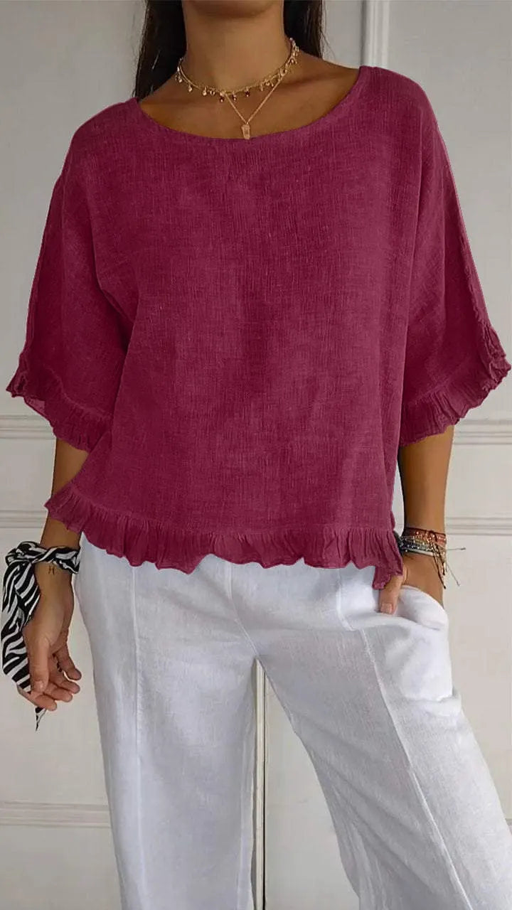 Round Neck Ruffled Hem Mid-sleeve Cotton and Linen Top (Buy 2 Free Shipping)