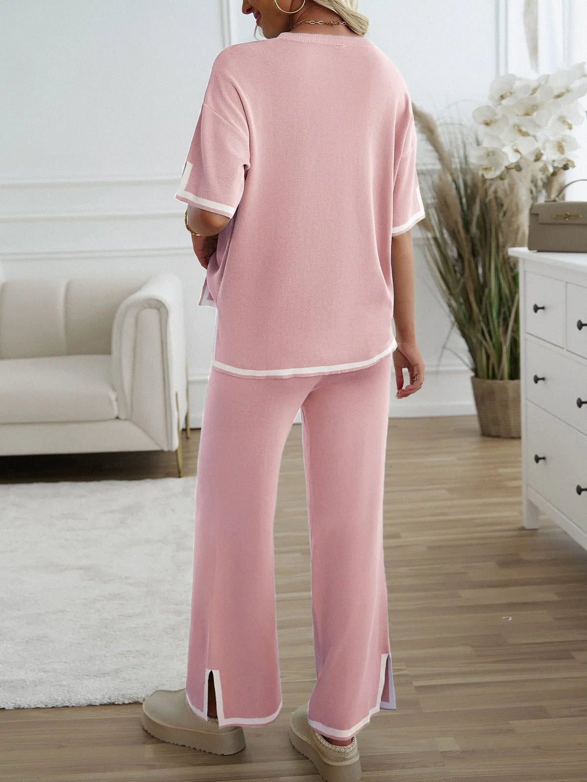 Chic Short Sleeve Knitted Pants Set