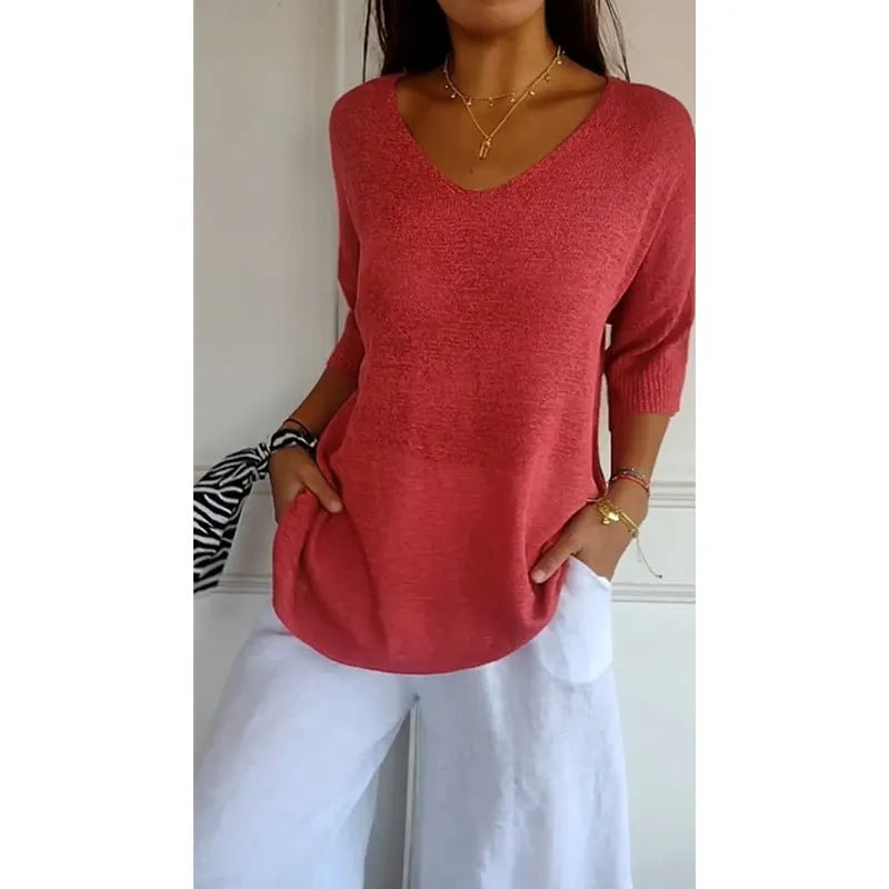 Solid Color Knitted V-neck Top (Buy 2 Free Shipping)