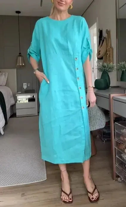 NEW🔥 Women's Solid Color Round Neck Split Mid-Length Casual Dress