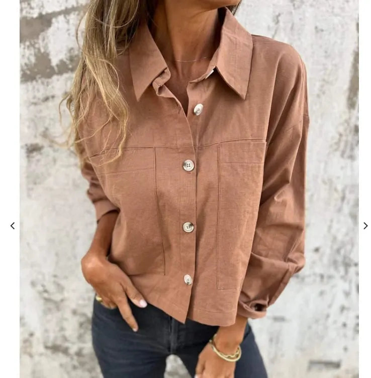 (BUY 2 FREE SHIPPING) Women's Cotton-Linen Double-Pocket Blazer-Style Lapel Shirt