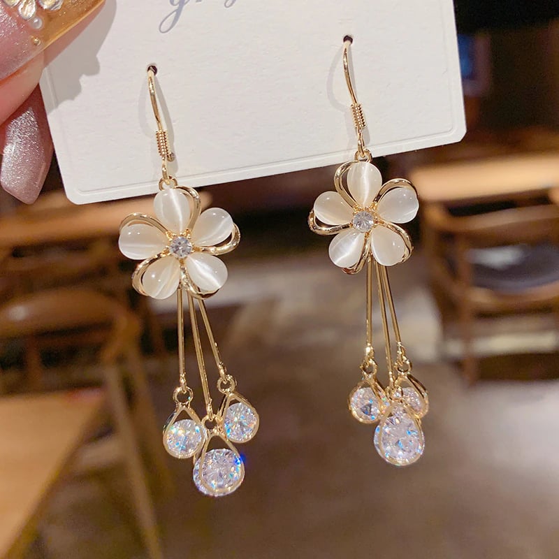 Delicate Zirconia Opal Flower Drop Earrings