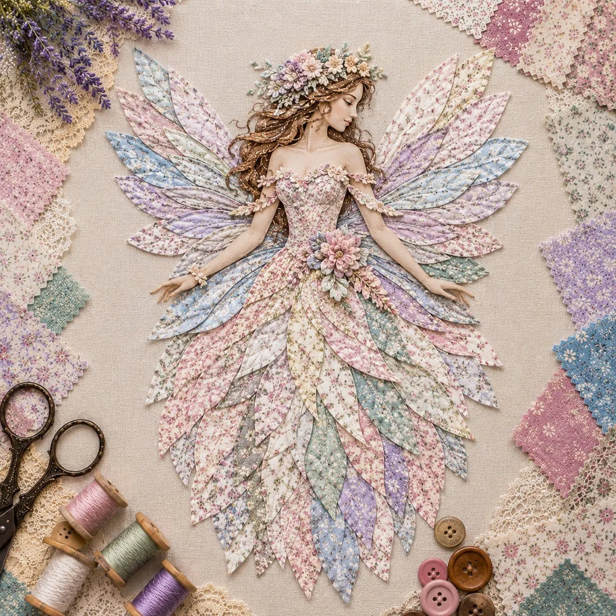 🔥HOT SALE🔥🧚‍♀️🌸 Premium Fairy Patchwork DIY Kit | High-Quality Layered Fabric with Floral Wings DIY Handmade Fantasy Wall Decor ✨15*12cm