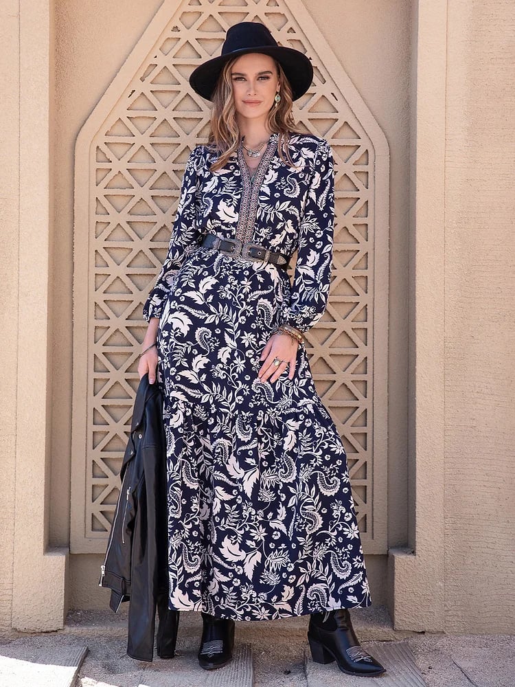 Floral Embroidered Notched Neck Maxi Dress