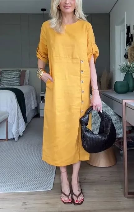 NEW🔥 Women's Solid Color Round Neck Split Mid-Length Casual Dress