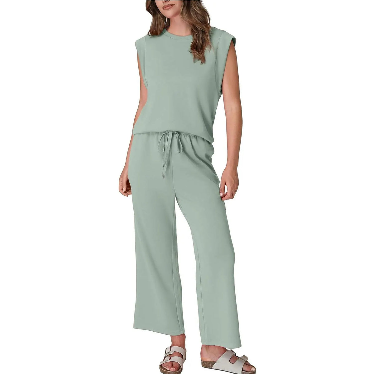 Women's Cap Sleeve Round Neck Lounge Set with Wide Leg Crop Pants