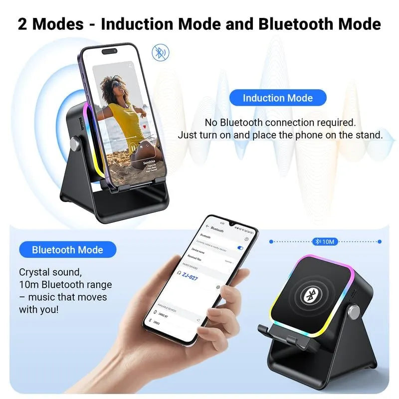 🎶📱  5-in-1 Wireless Induction Bluetooth Speaker with Adjustable Phone Stand