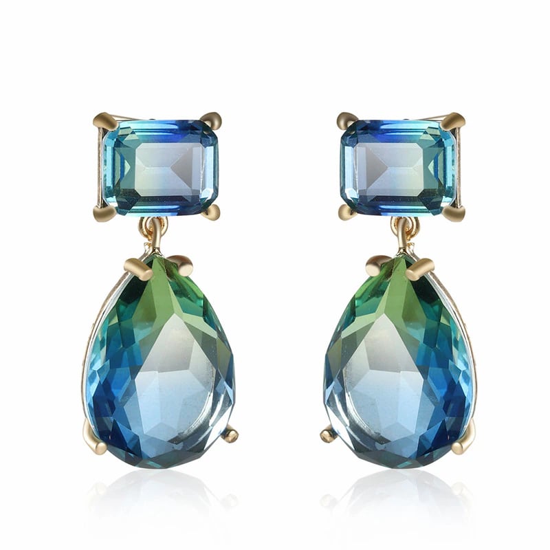 Luxurious blue-green series crystal drop earrings