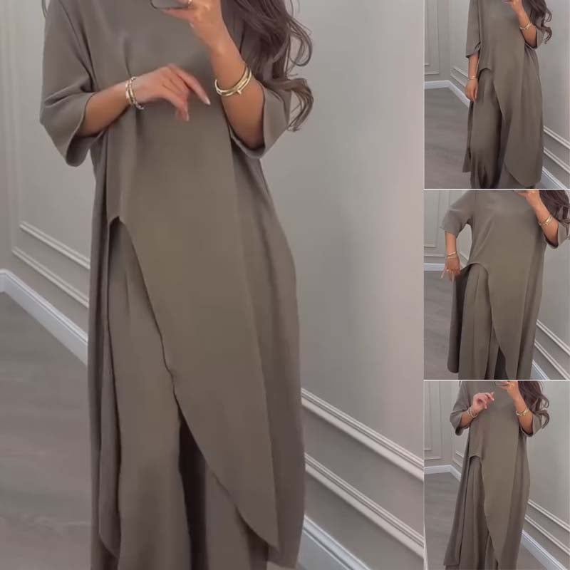 💃Limited Sale 49% OFF💕Solid Color Asymmetrical Top & Wide-Leg Pants 2-Piece Set