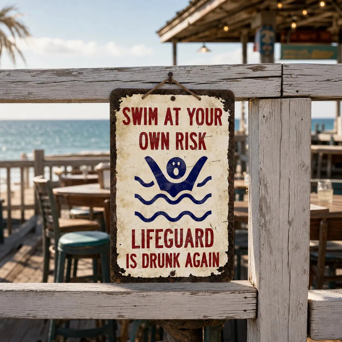 🔥LAST DAY 50% OFF - 🏊Vintage "Lifeguard Is Drunk Again" Pool Sign – Funny Metal Pool Wall Decor 😂🍻