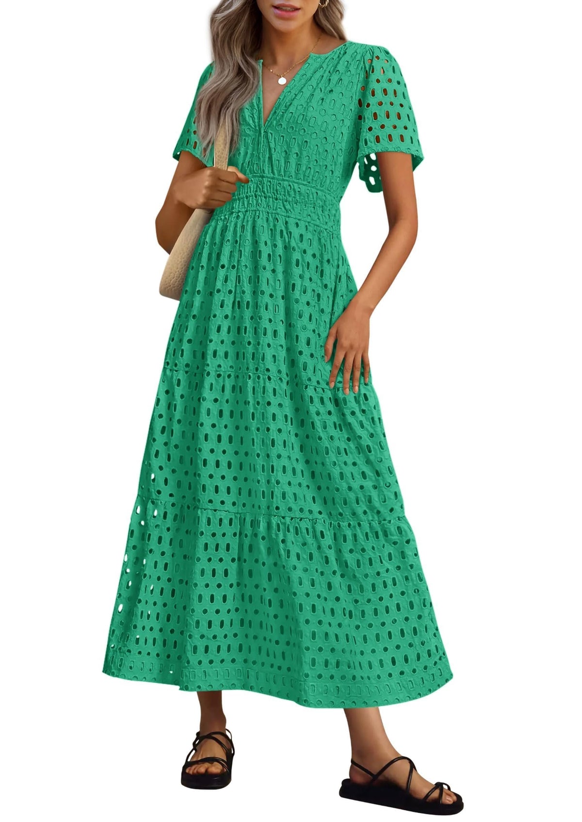 Womens Summer V Neck Maxi Dress Short Sleeve Hollow Out Flowy Beach Dress