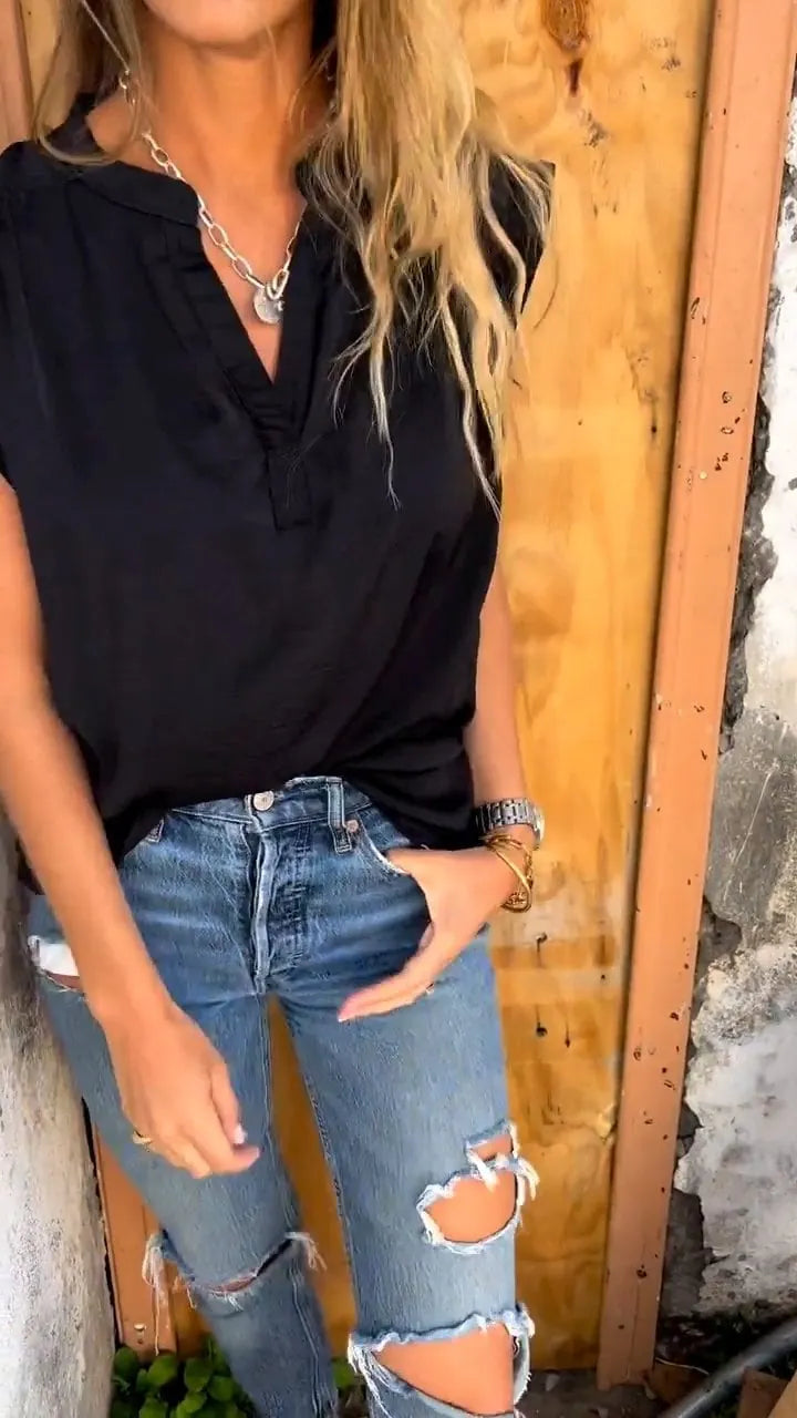V-neck Cap Sleeve Loose Top (Buy 2 Free Shipping)