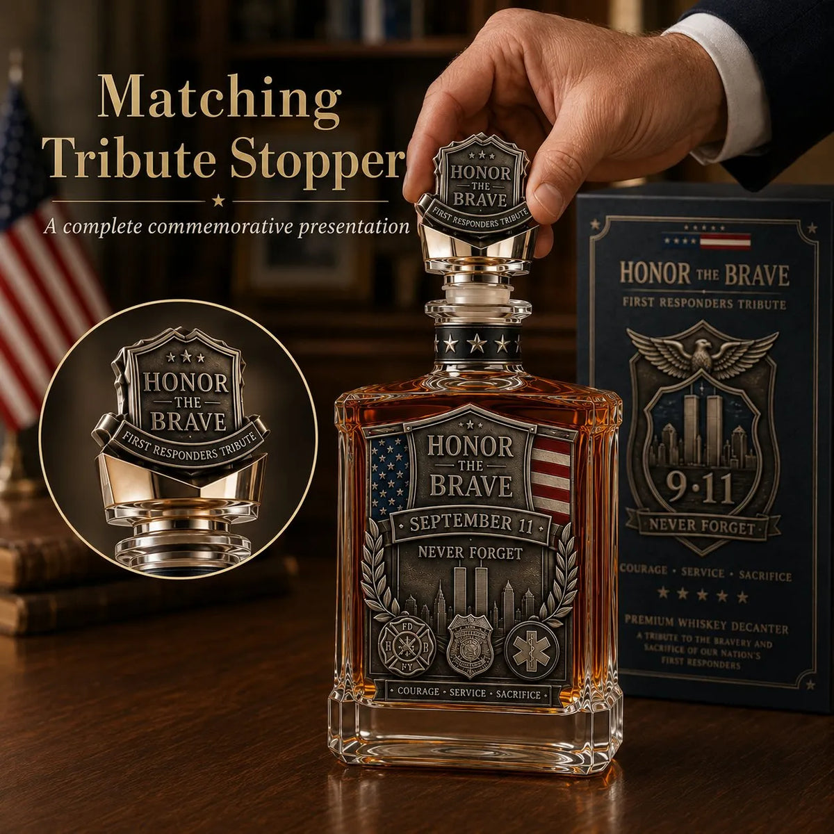 Honor the Brave Relief Decanter & Emblem – Hero Commemorative Ornament for Home Bar Display
