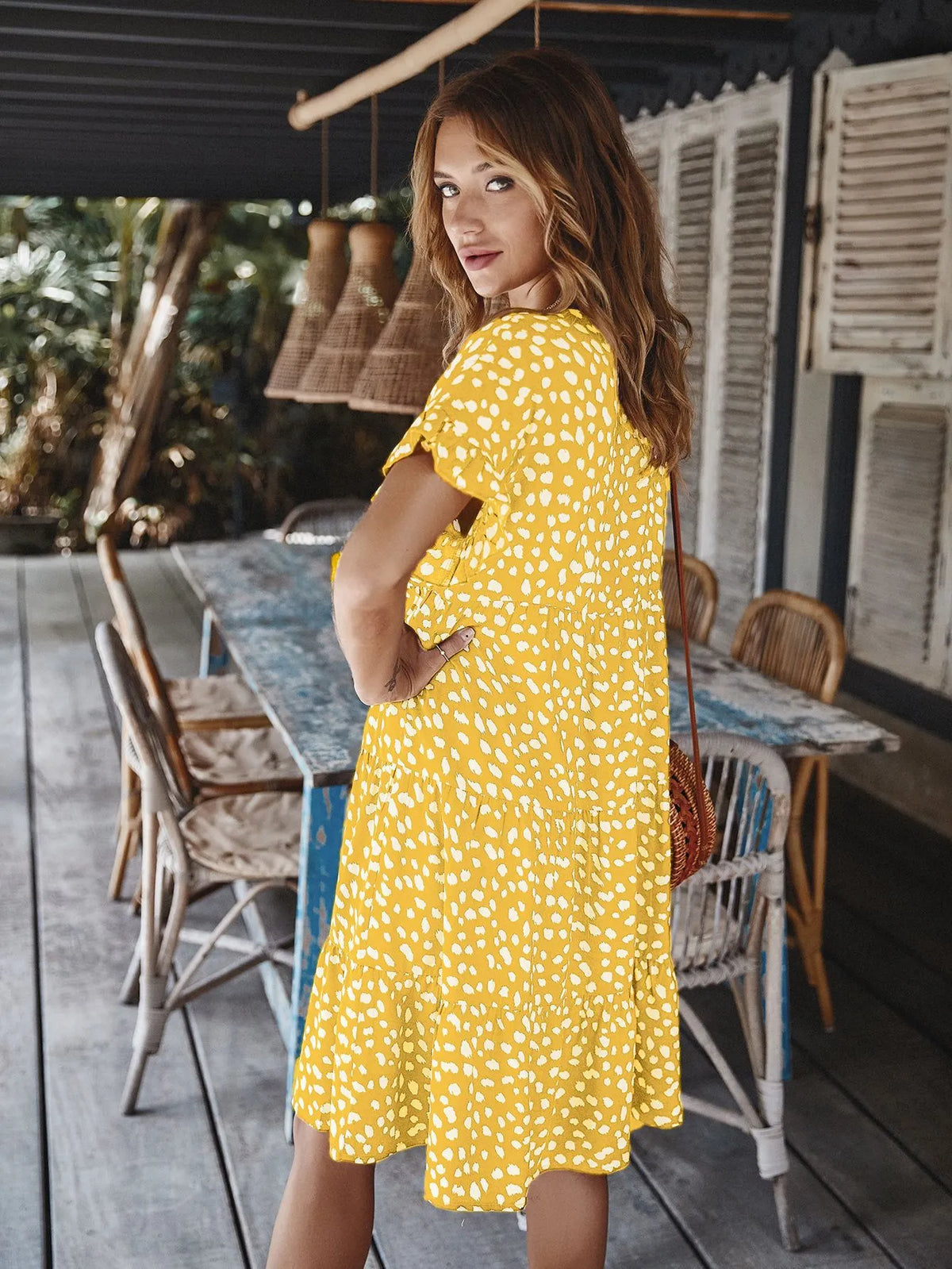 Round neck polka dot print midi dress