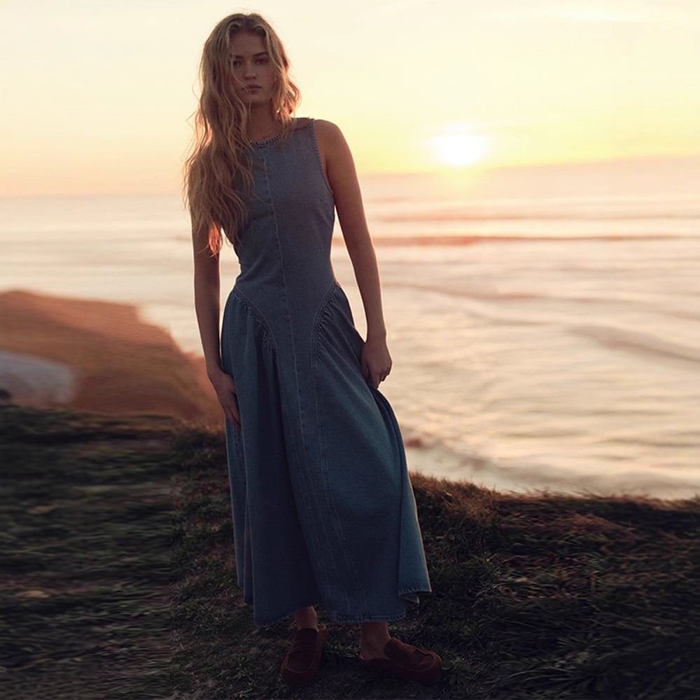 OPEN-BACK DENIM DRESS(FREE SHIPPING)