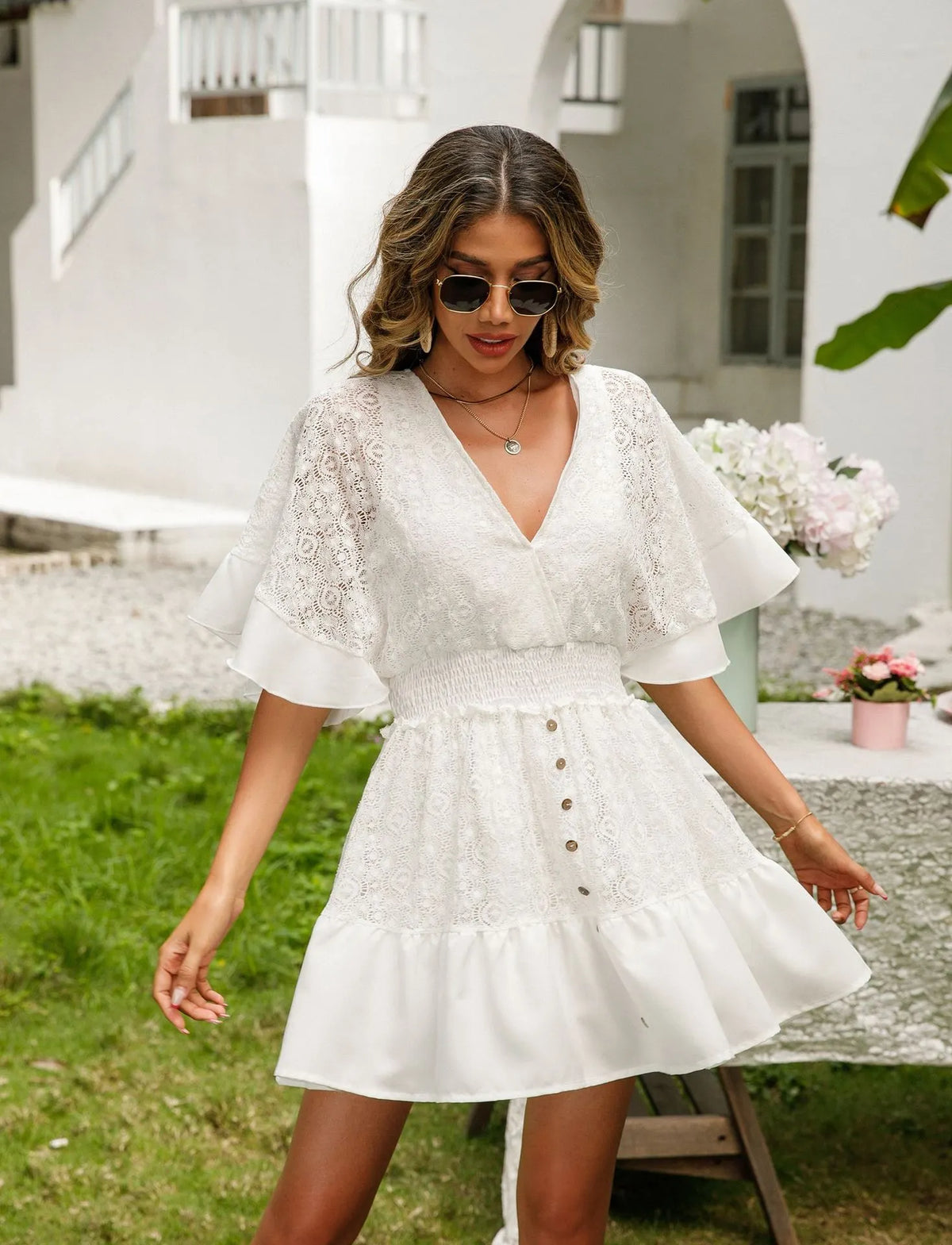 Lace Crochet Batwing Sleeve Mini Dress