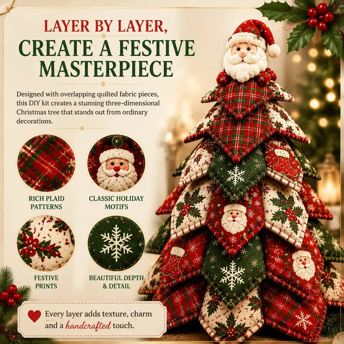 🔥 HOT SALE 🔥🔥LAST DAY 49% OFF - 🎄🧵DIY Quilted Christmas Tree Kit – Handmade Fabric Holiday Tabletop Tree Decor