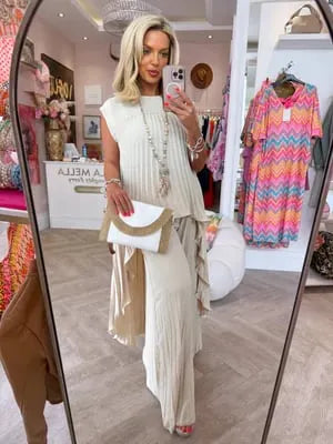 🔥Laney Pleated Short Sleeve Irregular Midi Top and Elastic Waist Wide Leg Pants Set✨
