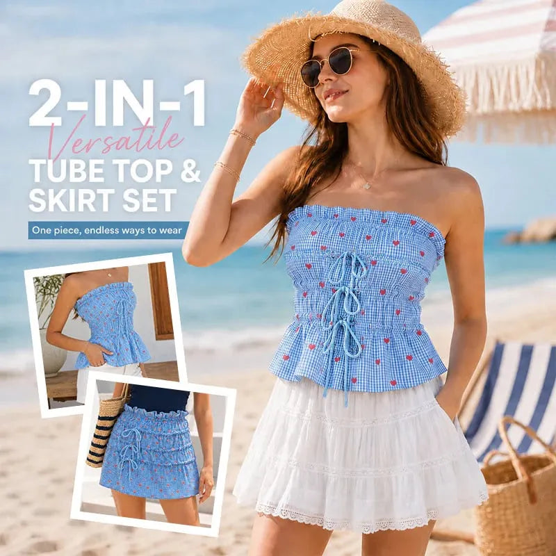✨2-in-1 Ruched Bandeau Top & Skirt – Convertible Drawstring Summer Outfit