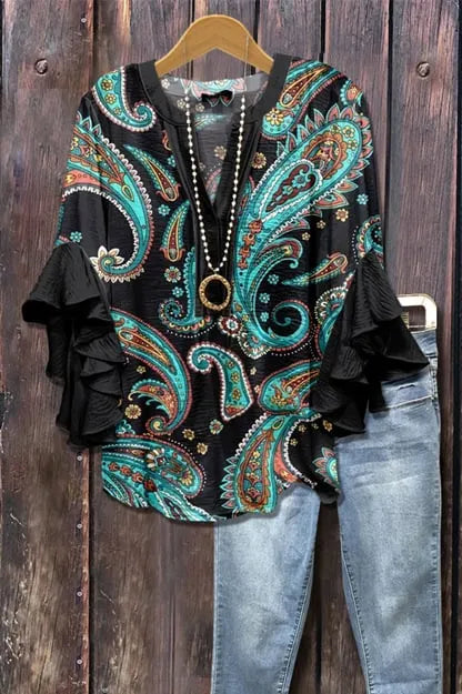 Floral Print Ruffle Bell Sleeve Top