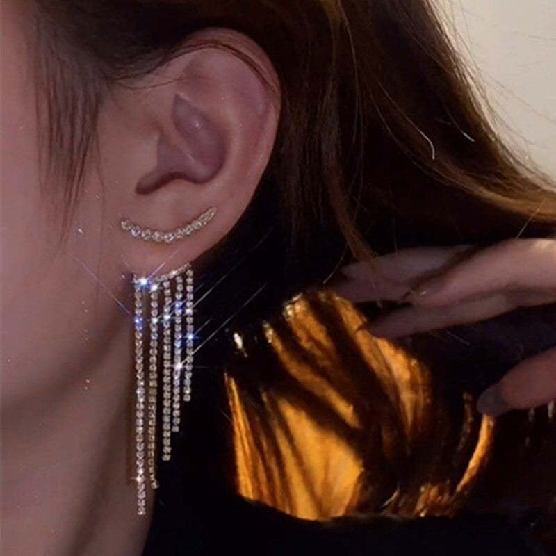 SPARKLING CURVED RHINESTONE LONG TASSEL EARRINGS