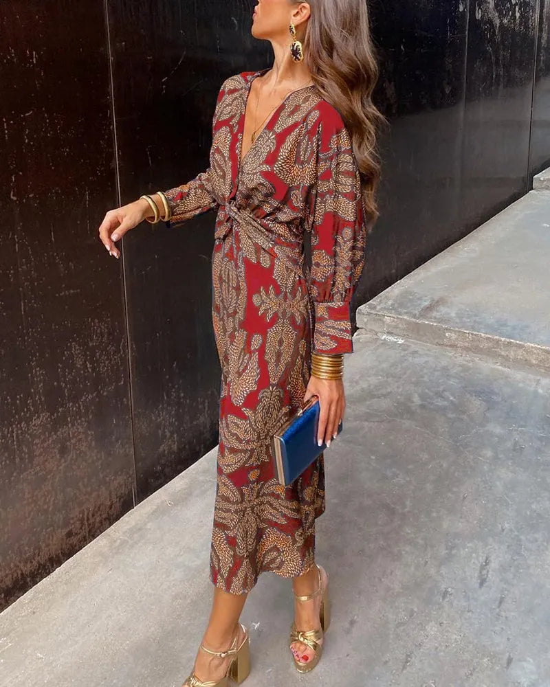 Vintage Long Sleeve Dress with V-Neck