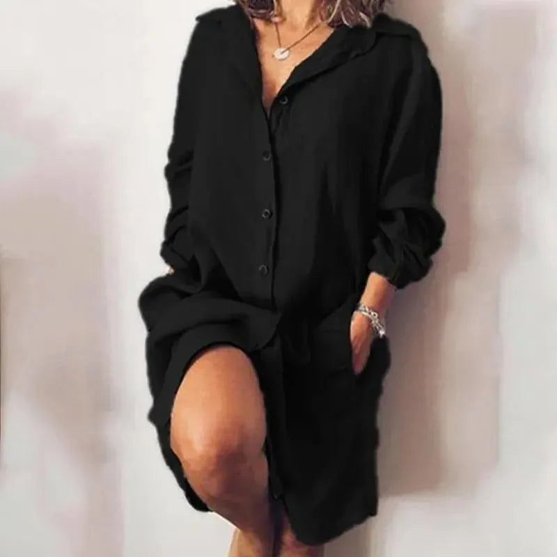 Cotton-linen mid-length long-sleeve solid color cardigan