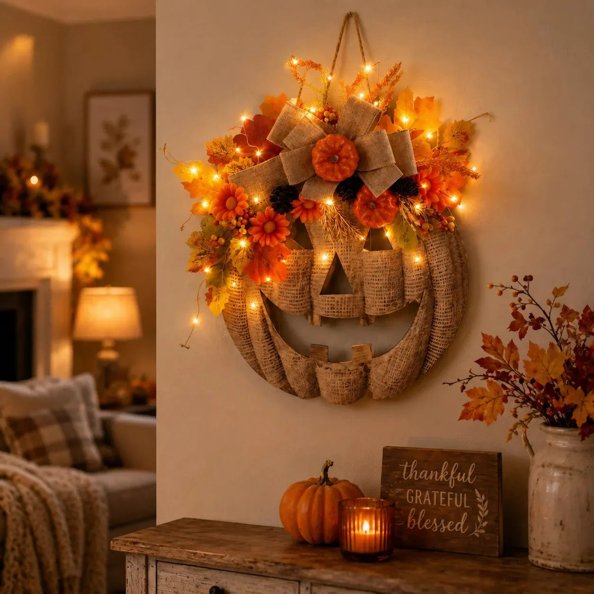 🔥HOT SALE🔥🎃✨ Lighted Burlap Pumpkin Wreath