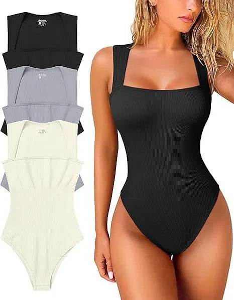 🩱🔥Sexy Ribbed Strap Square Neck Sleeveless Bodysuit 🩱🌟