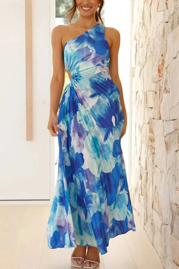 Stunning One - Shoulder Pleated Cut - Out Dress