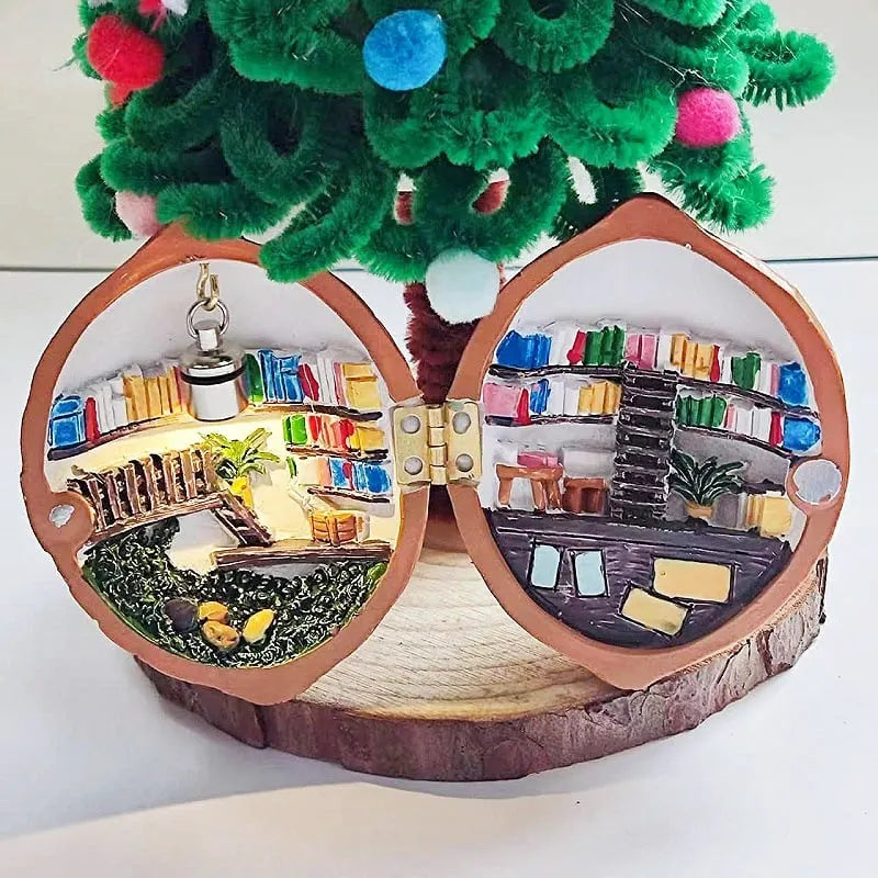 Handmade.🏠Walnut Shell Doll House--mini library, tiny World inside walnuts