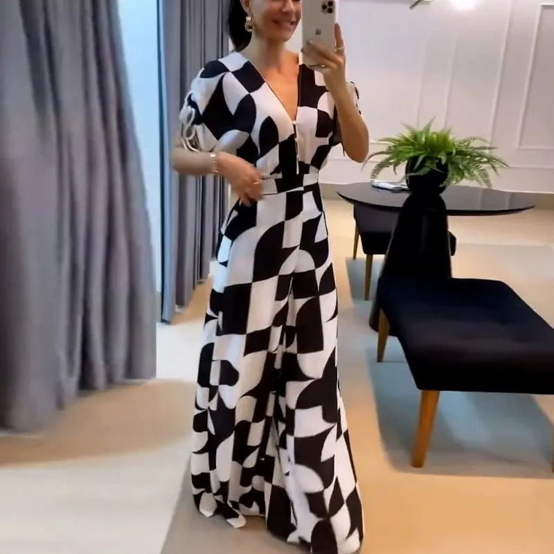 Women's Casual V-Neck Geometric Print Wide Leg Jumpsuit