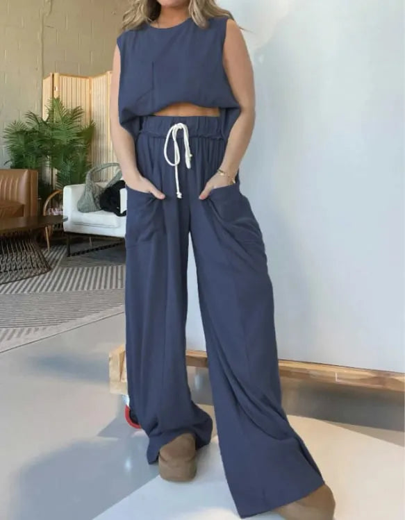 Comfort Tank Top and Elastic Waist Wide Leg Pocket Pants Set