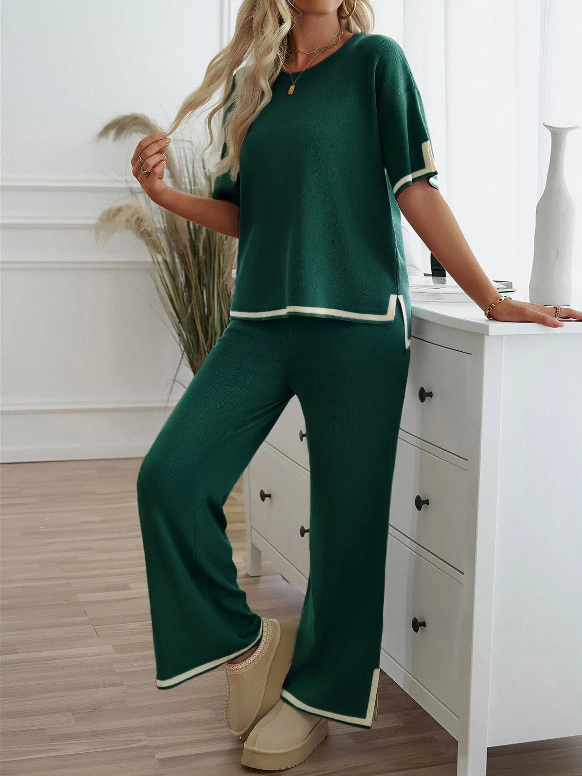 Chic Short Sleeve Knitted Pants Set