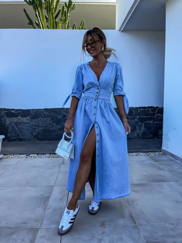 V-Neck Short Sleeve Loose Denim Long Button-Up Dress