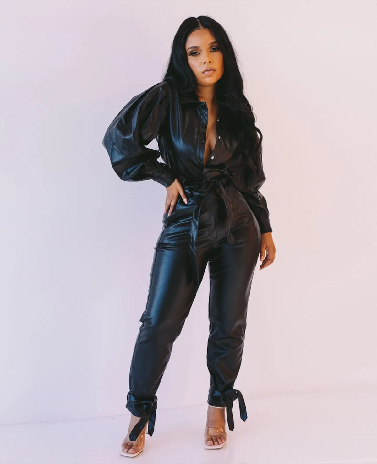 Pu Leather Button Up Bodysuit 2 Piece Set