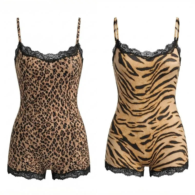 💖Hot 49% OFF🌹Women’s Abstract Tiger Print Lace-Trim Playsuit🐅✨