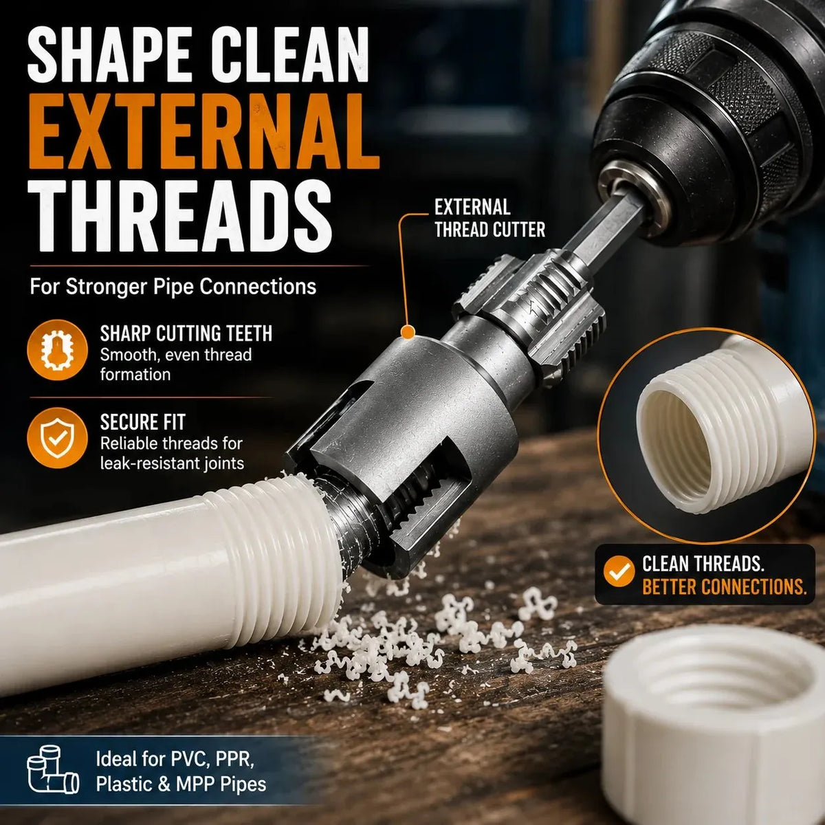 🎉Drill-Powered Pipe Thread Cutting Bit — Internal & External Threading for 1/2" & 3/4" Plastic Pipes