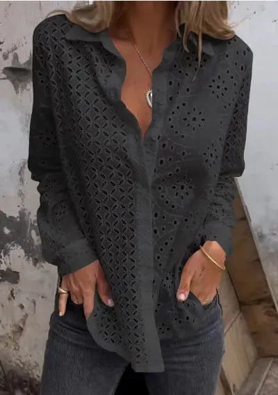 Women Hollow Out Button Tops Dressy Lace Eyelet