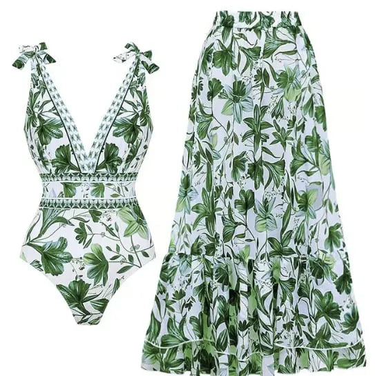 Women Adjustable Shoulder Strip Plant Prints One Piece Swimsuit And Skirt/Sarong(Buy 2 Free Shipping)