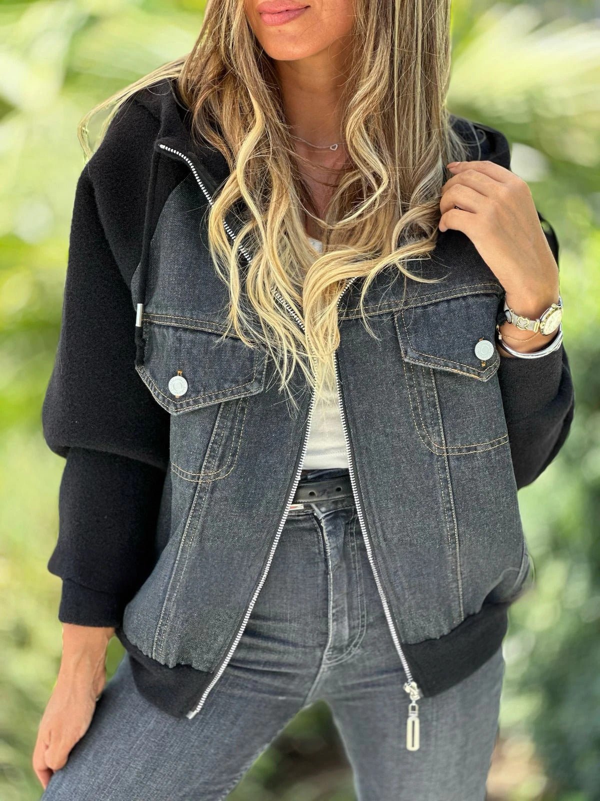 Women's Hooded Denim Patchwork Casual Top