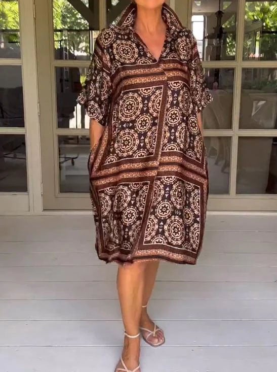 Casual V-neck Printed Loose Dress